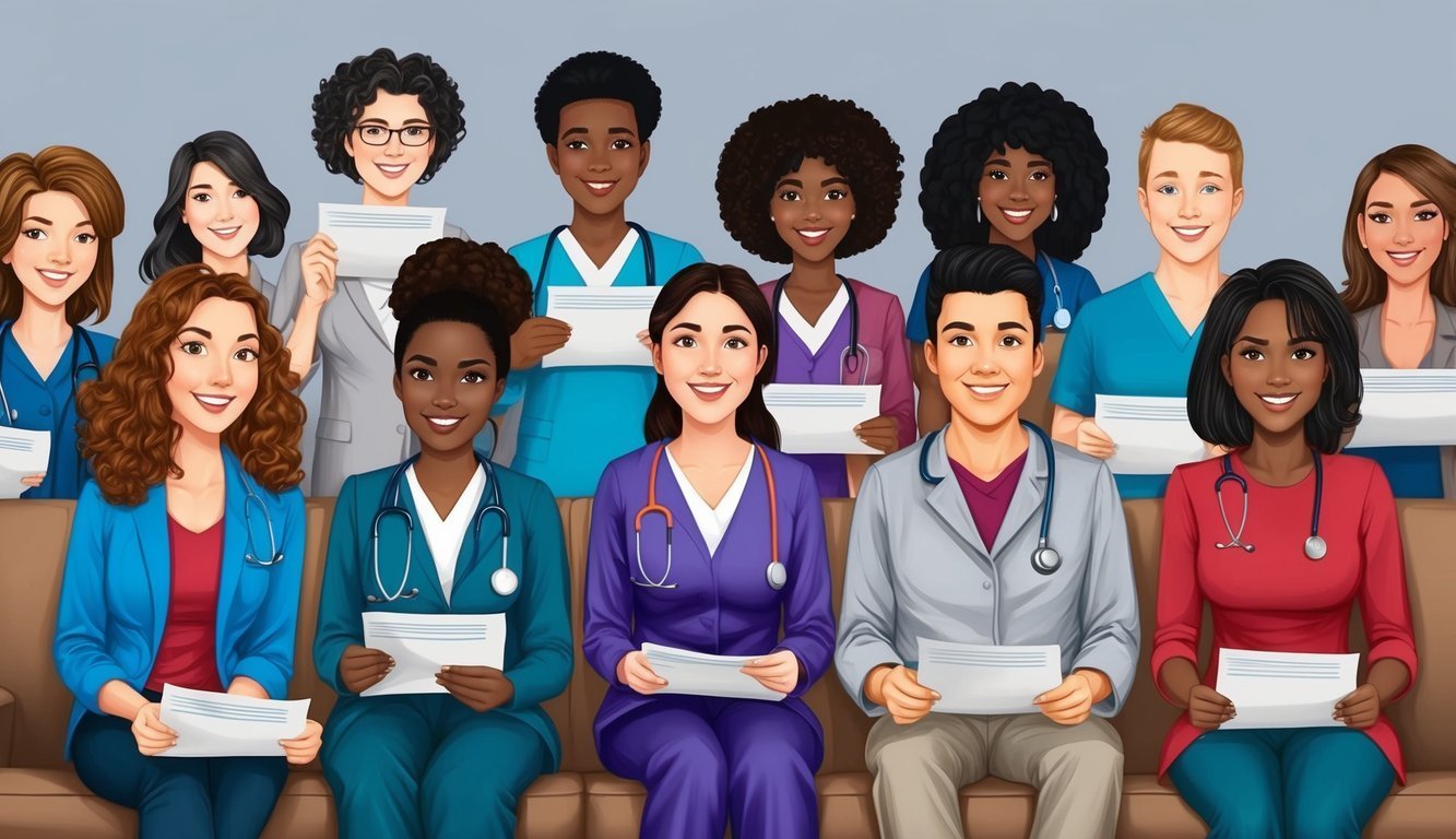 Group of diverse healthcare professionals smiling, holding papers, and wearing scrubs