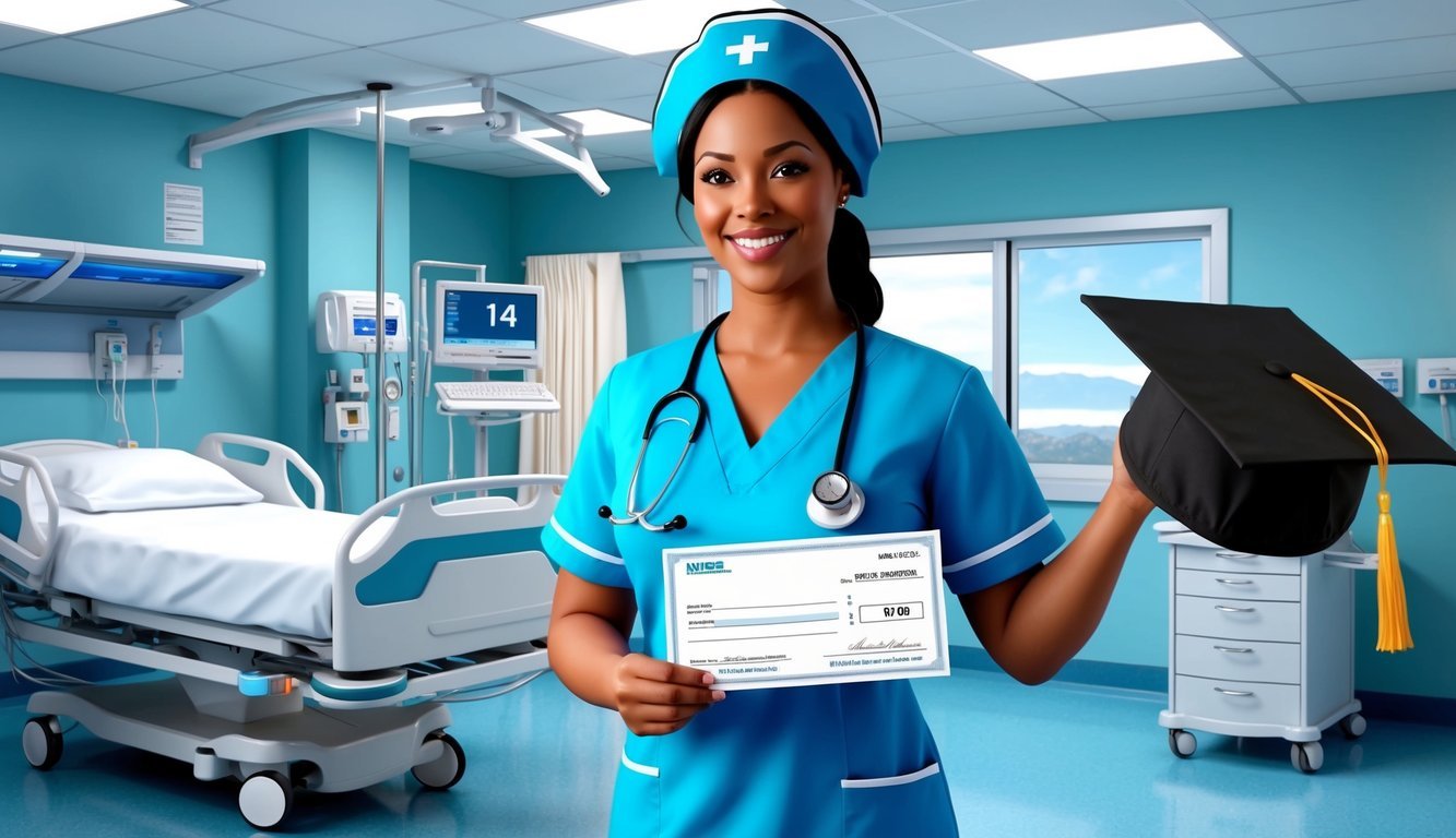 A nurse in a hospital setting, holding a diploma and a paycheck, with a graduation cap nearby