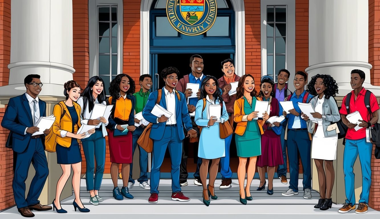 A group of diverse students eagerly await outside a university building, clutching their admission documents.</p><p>The university's emblem is prominently displayed on the entrance