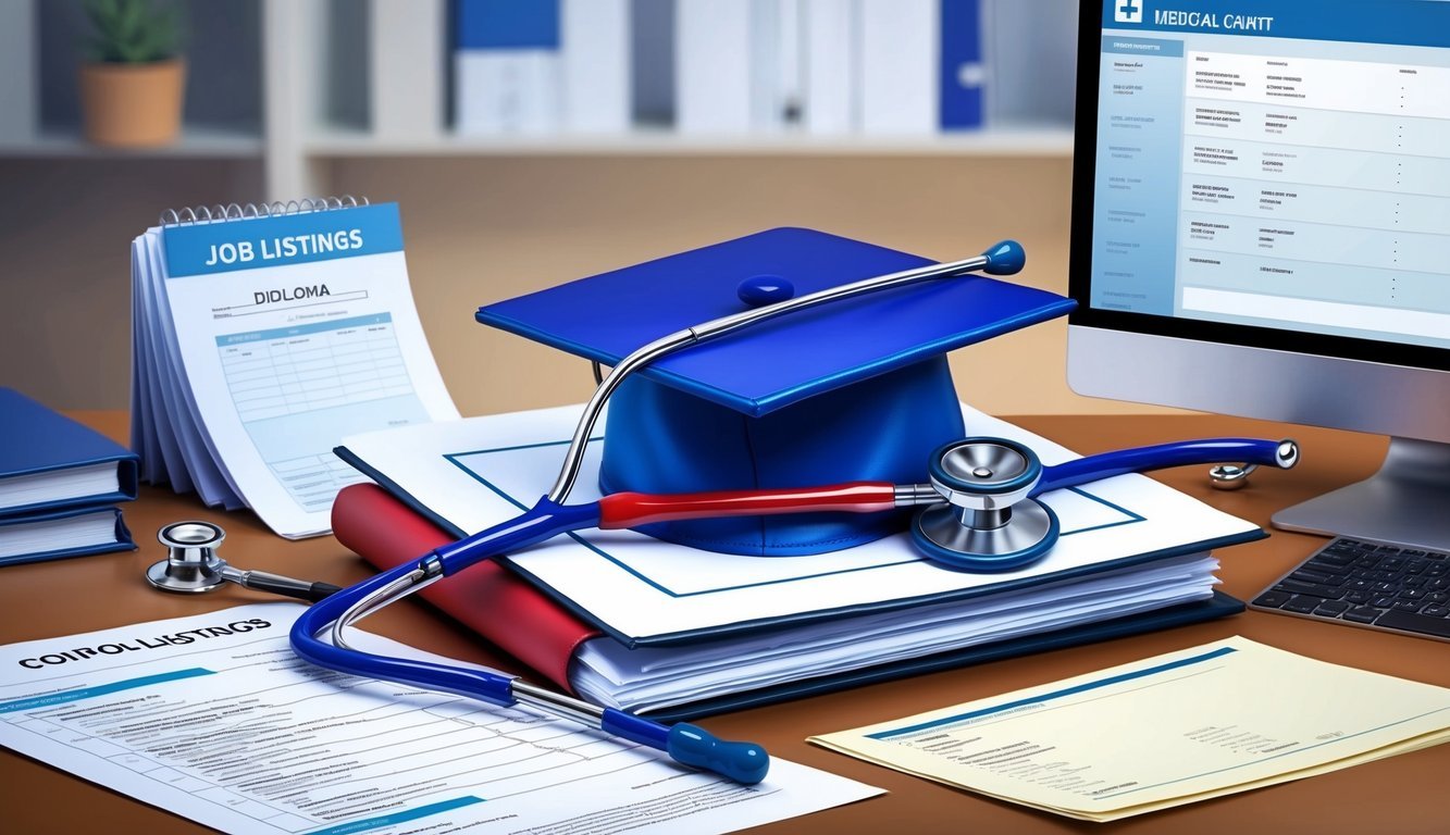 A stethoscope and nursing cap sit atop a diploma, surrounded by medical charts and a computer showing job listings