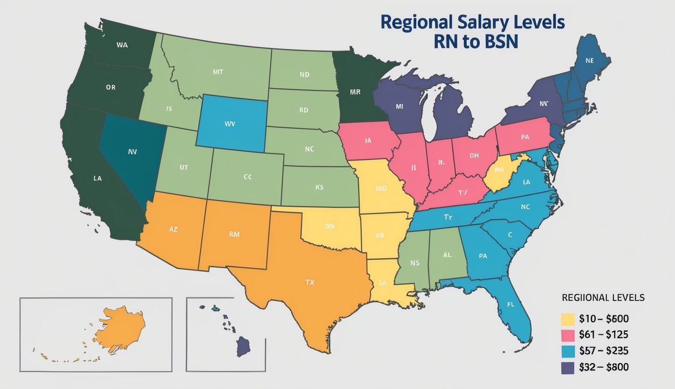 A map of the United States with color variations to represent different regional salary levels for RN to BSN positions