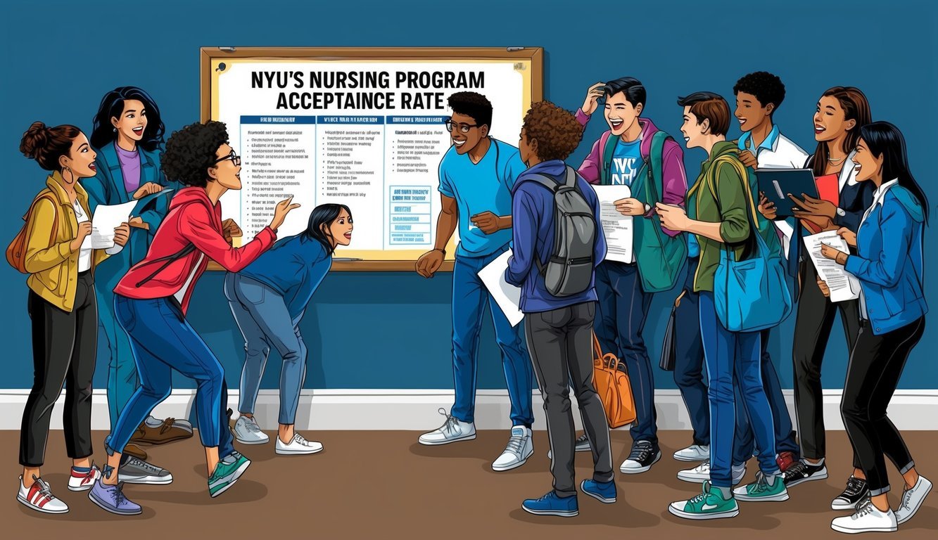A group of students eagerly gather around a bulletin board, searching for information on NYU's nursing program acceptance rate