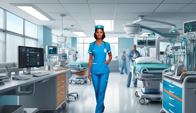 Smiling nurse in blue scrubs walking towards the viewer in a hospital room