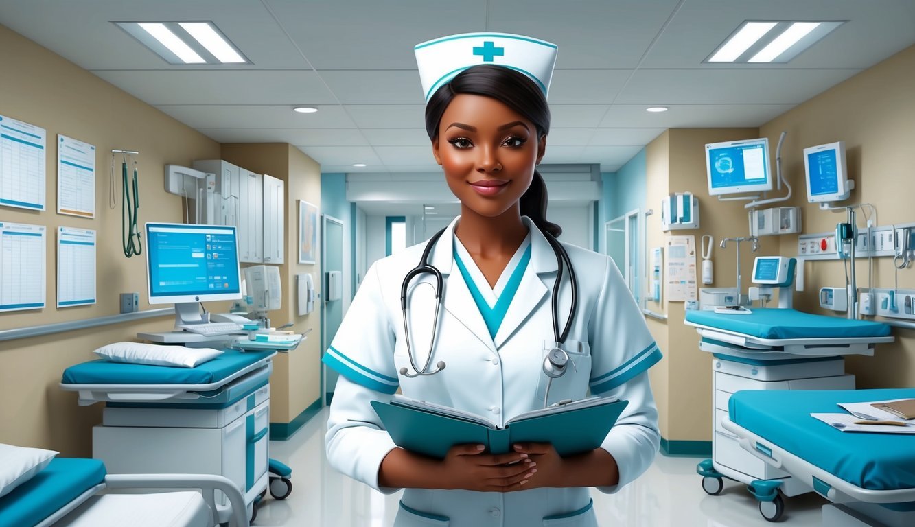 A nurse in a clean, modern hospital setting, surrounded by medical equipment, charts, and a sense of professionalism and care