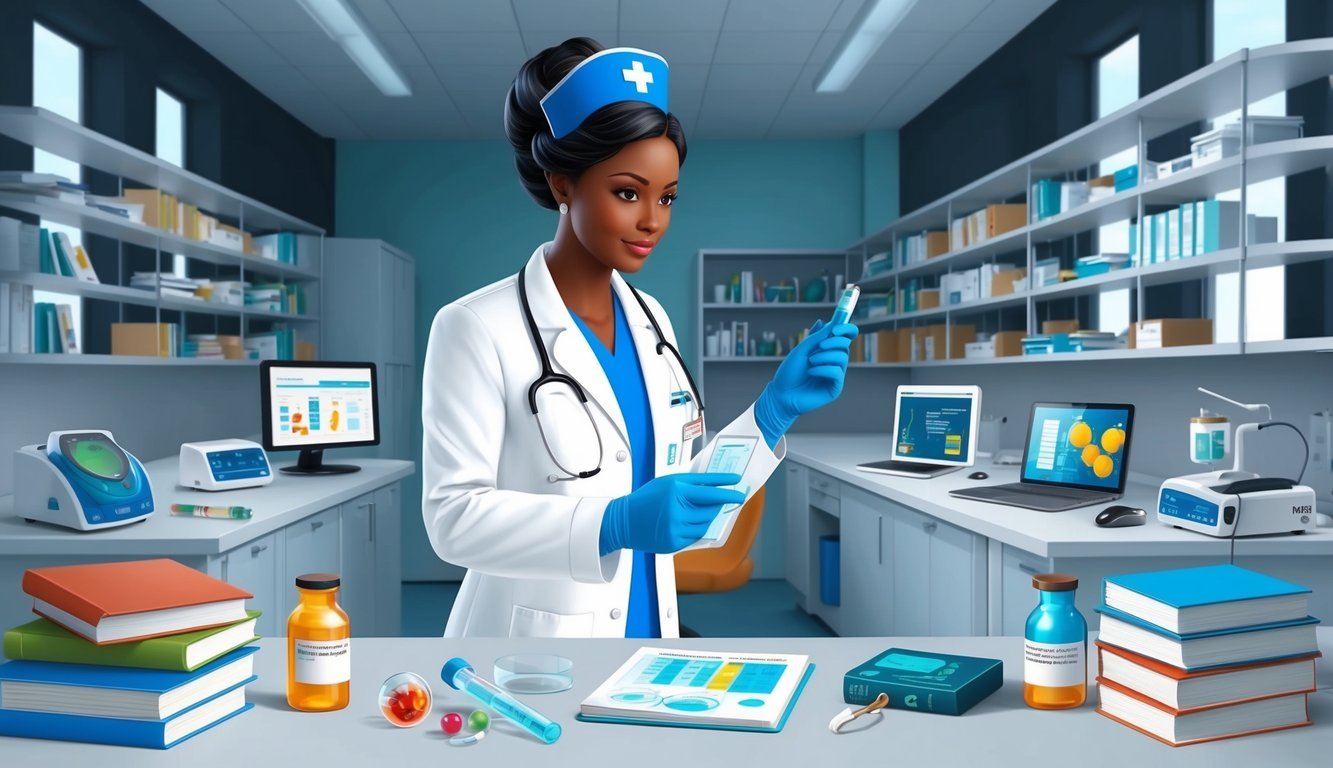 A nurse in a lab coat conducts research in a modern medical facility, surrounded by educational materials and high-tech equipment