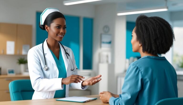 Black female doctor in uniform talking to a patient in office