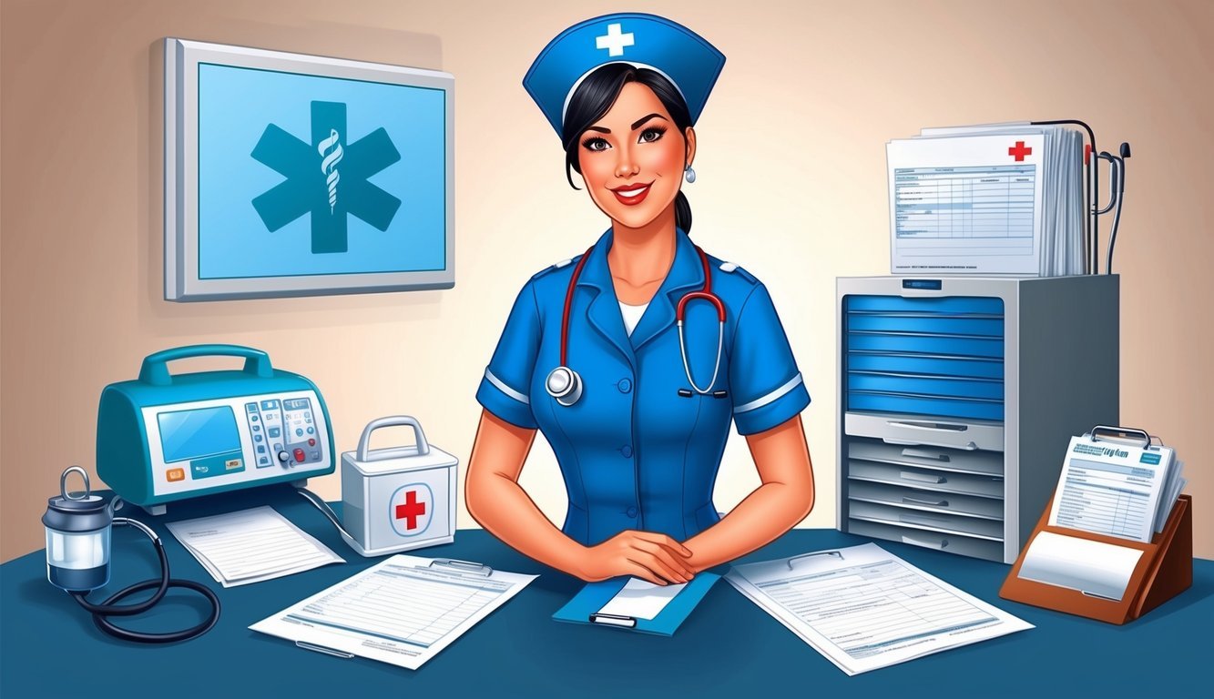 A nurse in uniform surrounded by medical equipment and paperwork, with a confident and professional demeanor