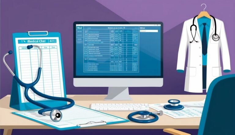 Medical office desk with computer, stethoscope, and doctor's coat