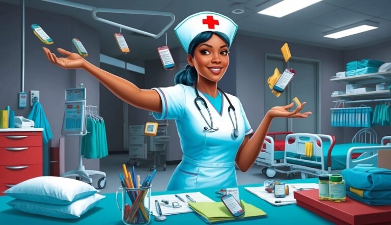 Smiling nurse juggling phones and medical supplies in a hospital room