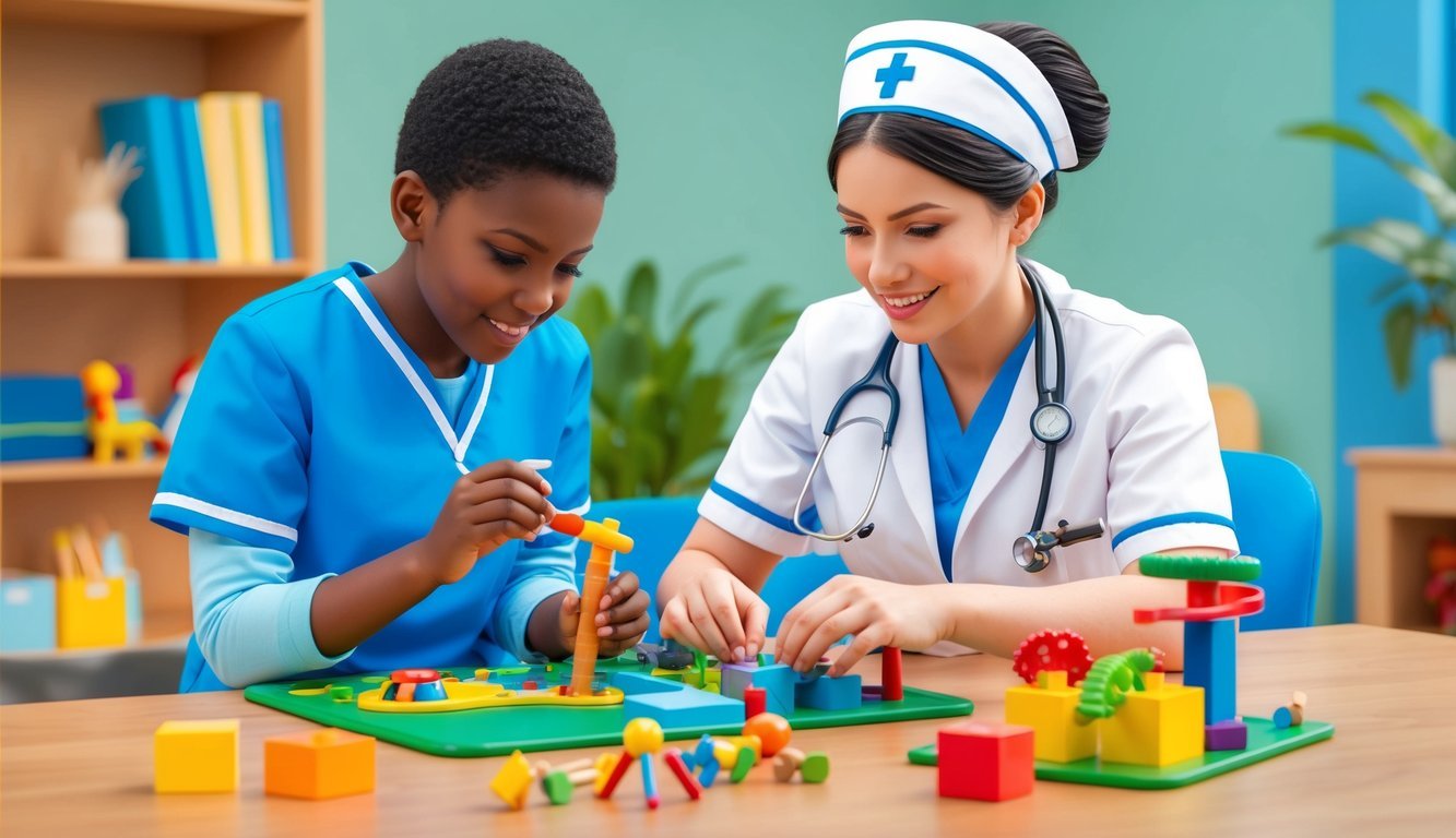 A nurse engaging with a child in a play therapy session, using toys and activities to assess and support their ADHD symptoms