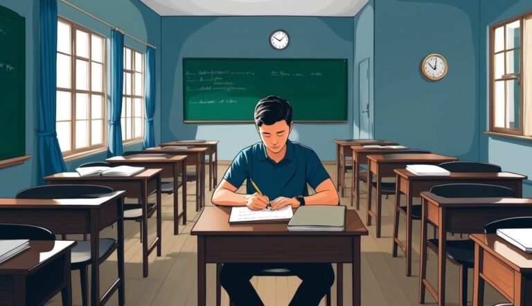 A student writing at a desk in an empty classroom, chalkboard behind