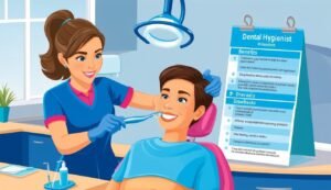 Dental hygienist cleaning a patient's teeth, with a benefits and drawbacks list