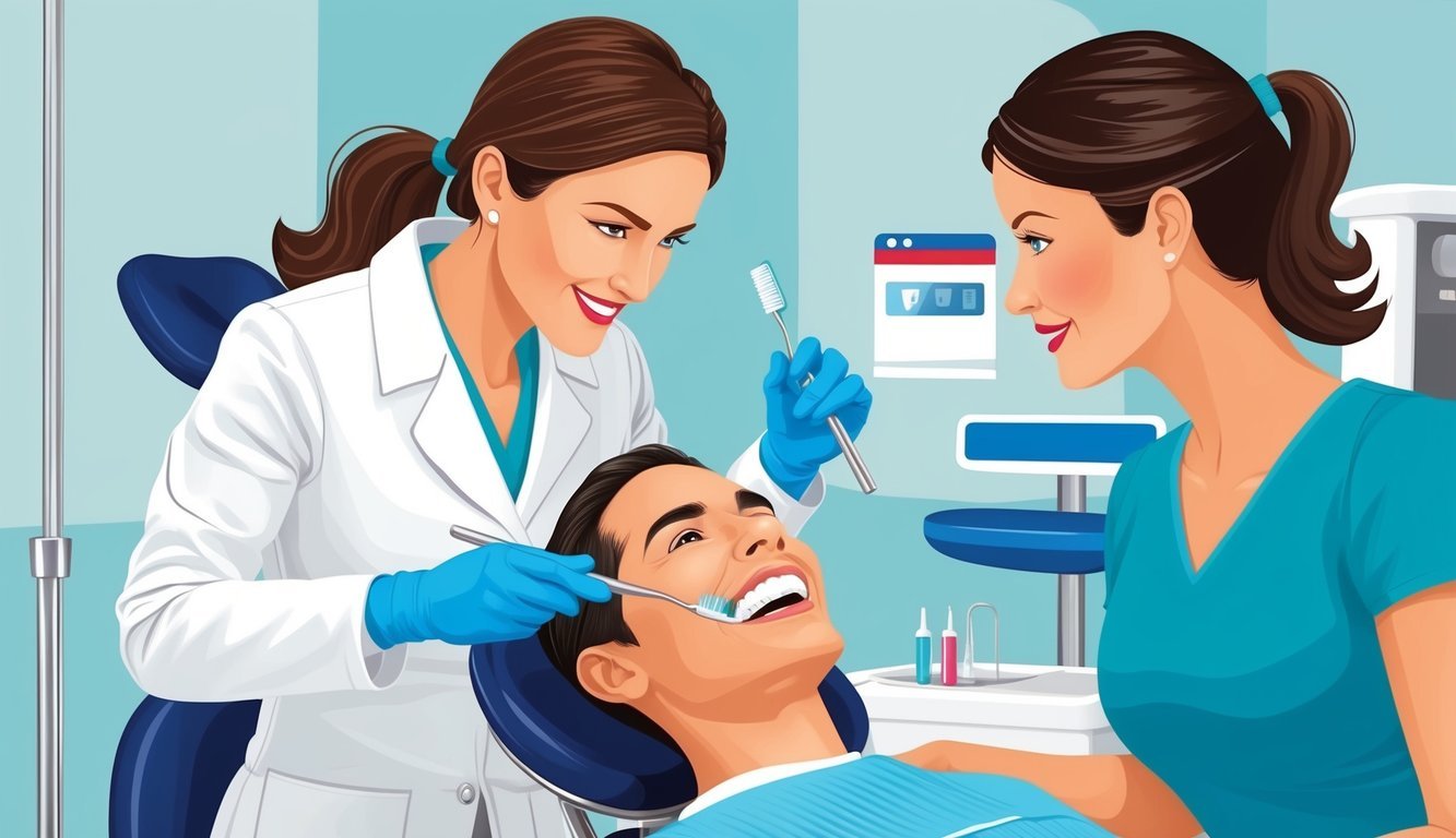 A dental hygienist performing a thorough teeth cleaning while discussing the pros and cons of different dental hygiene trends with a patient