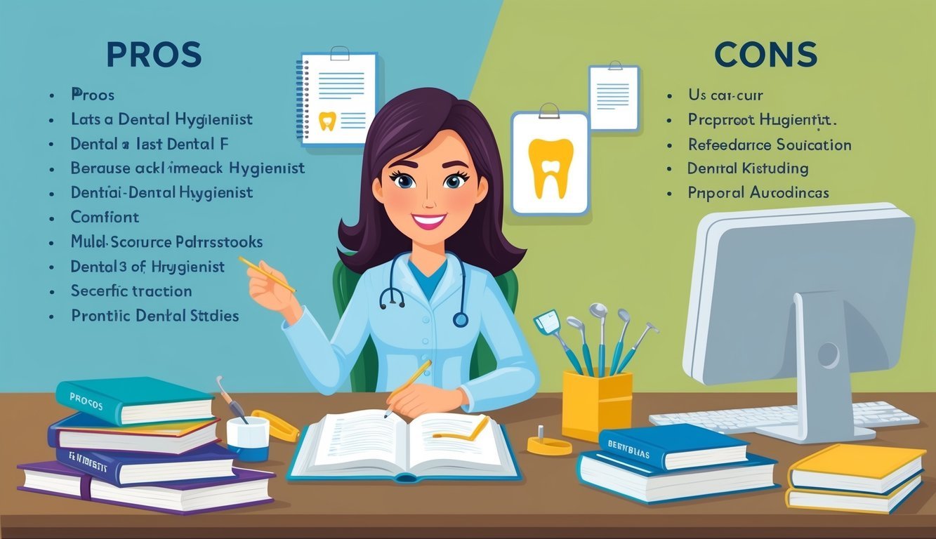 A dental hygienist studying at a desk, surrounded by textbooks, dental tools, and a computer.</p><p>On one side, a list of pros, and on the other, a list of cons