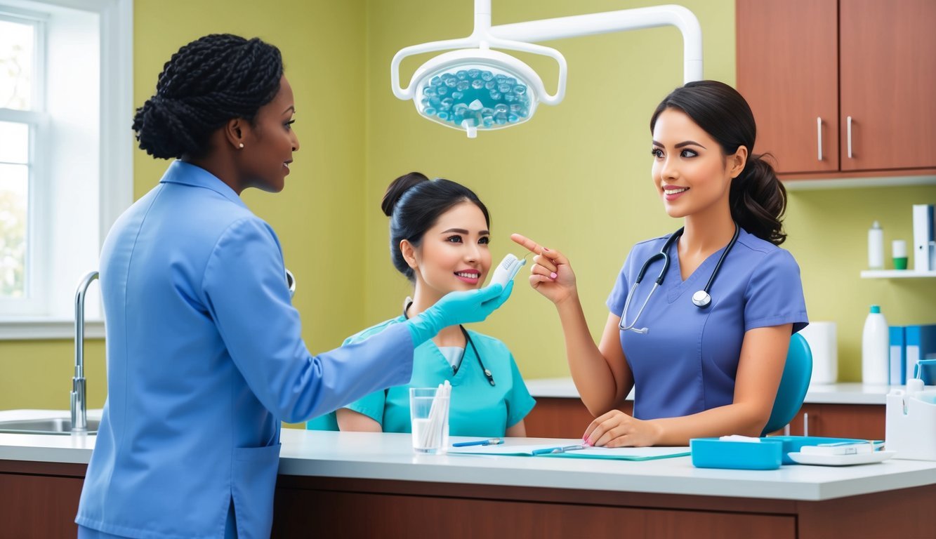 A dental hygienist discussing job options with a mentor, weighing the benefits and drawbacks of various career paths