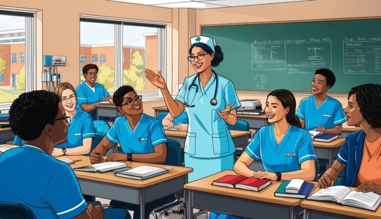 Nurse teaching students in a classroom, blackboard in the background