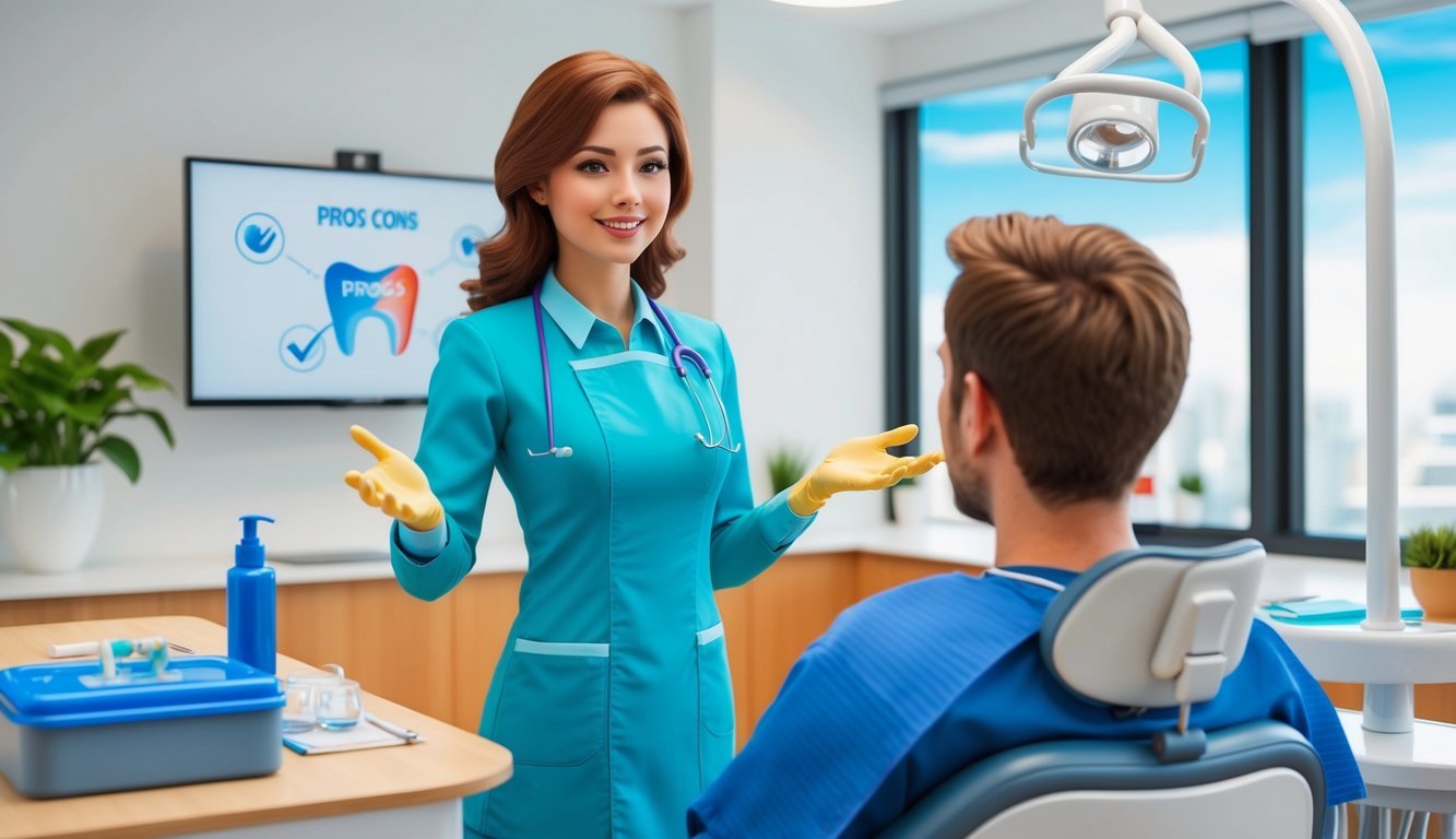 A dental hygienist discussing pros and cons with a patient in a modern office setting