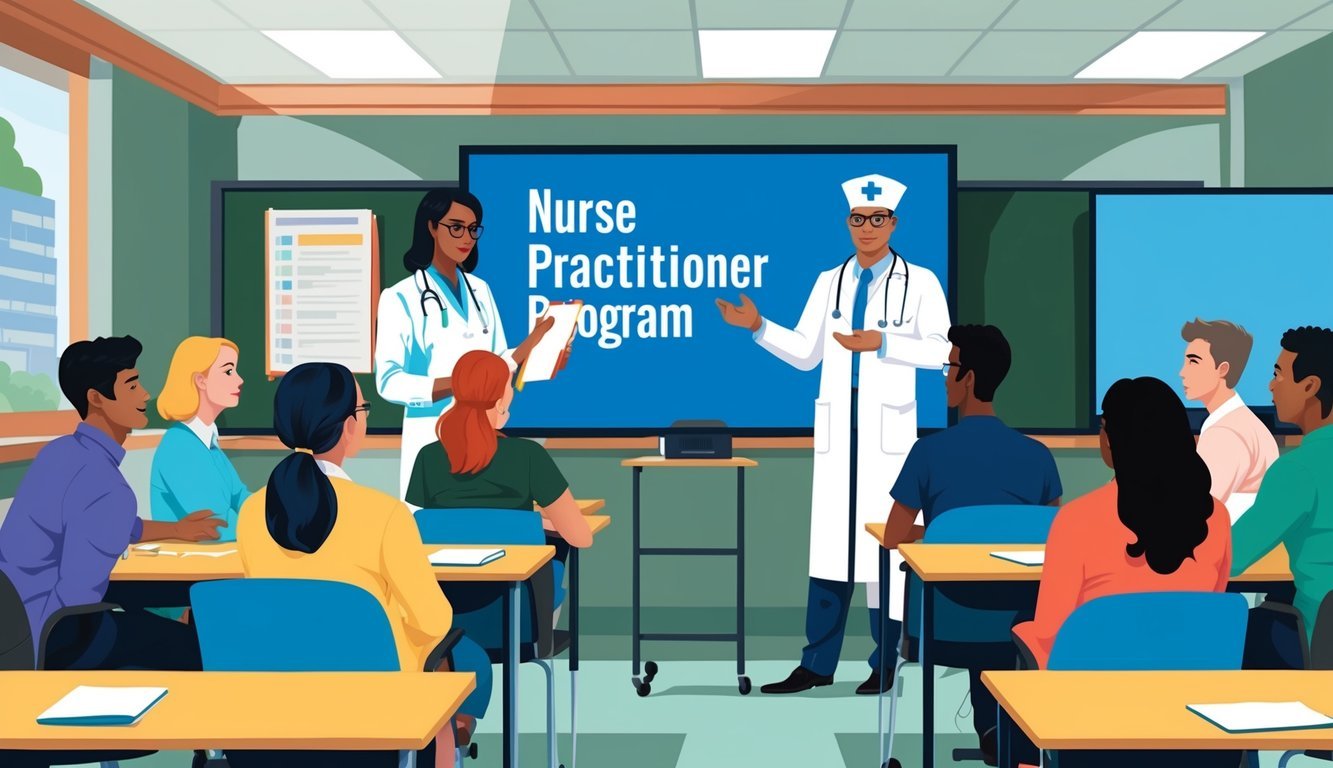 A classroom setting with a group of students and an instructor discussing nurse practitioner programs