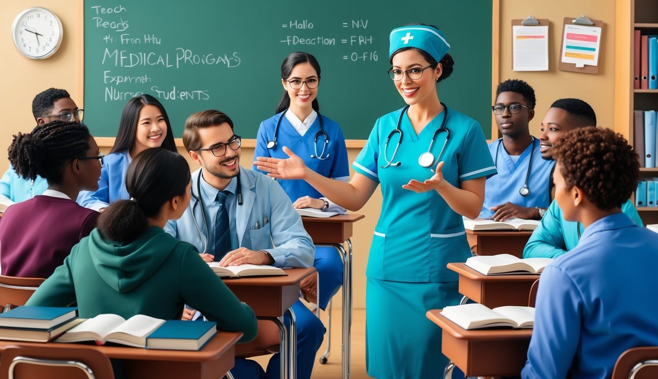 A nurse practitioner teaching a group of students in a classroom setting with medical equipment and textbooks on the desks