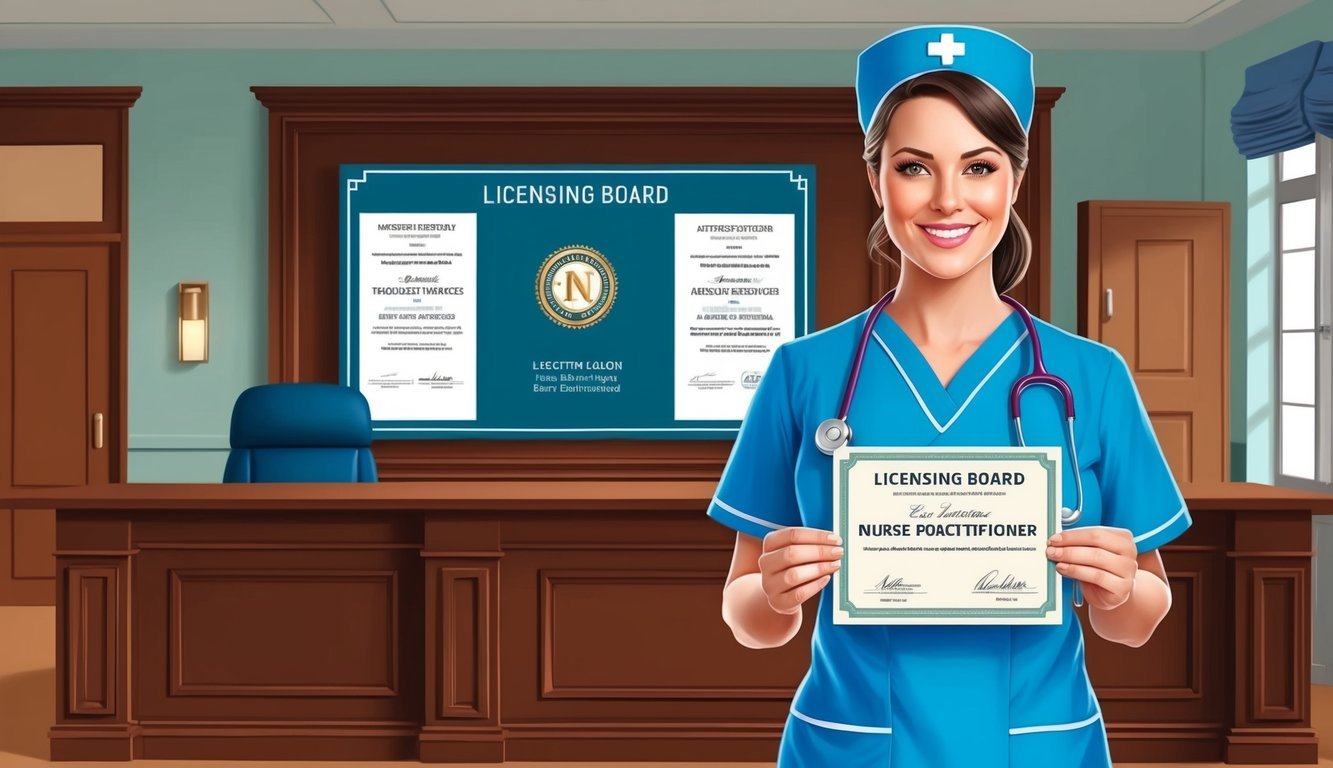 A nurse practitioner holding a certificate while standing in front of a licensing board