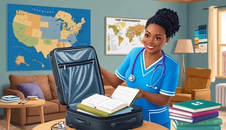 Smiling nurse packing a suitcase with books, maps on the wall