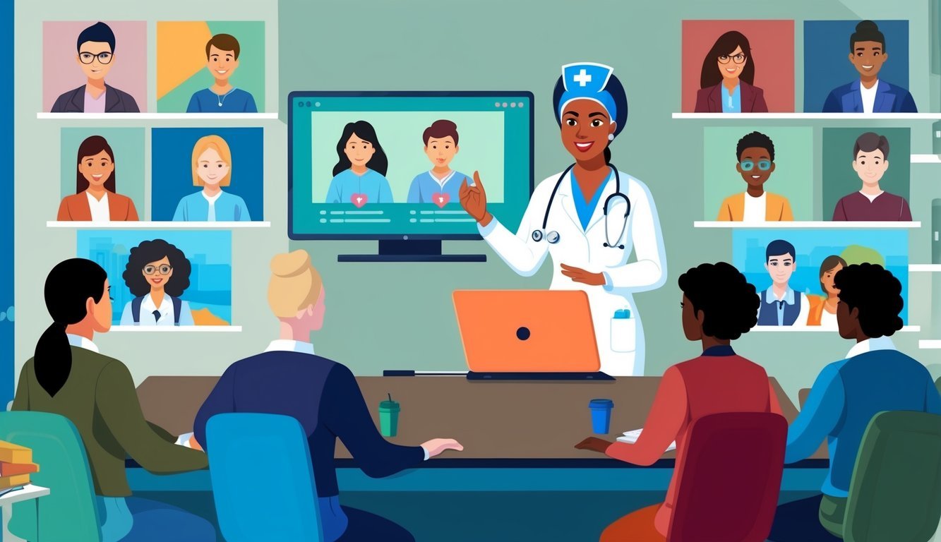 A nurse practitioner teaching a virtual class with students participating from various locations