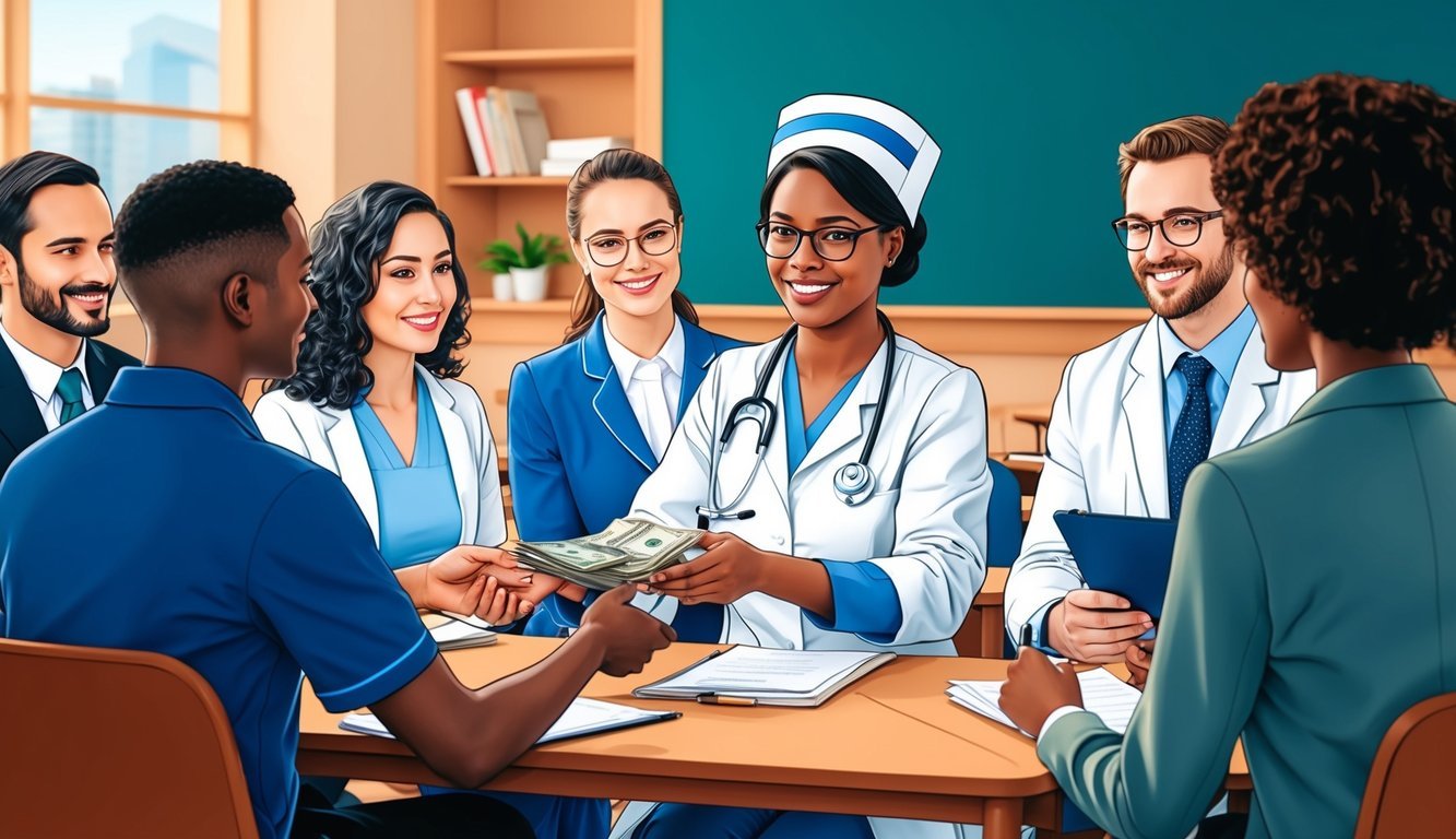 A nurse practitioner receiving financial aid and support from a group of professionals in a classroom setting