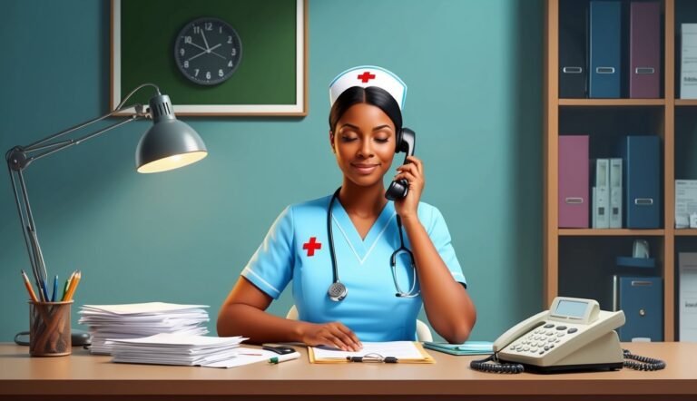 Nurse in blue uniform on the phone at a desk in an office