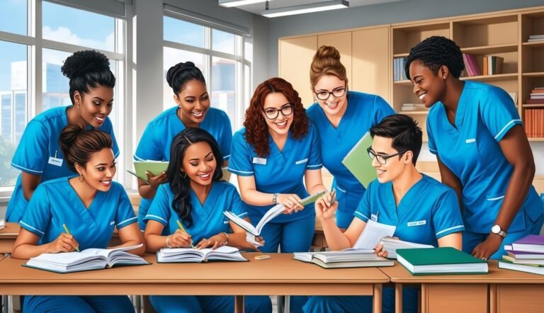 Group of smiling nurses studying together at a table in a classroom