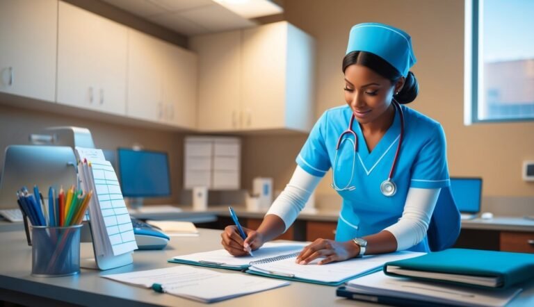 Nurse in blue scrubs writes on paperwork at a desk