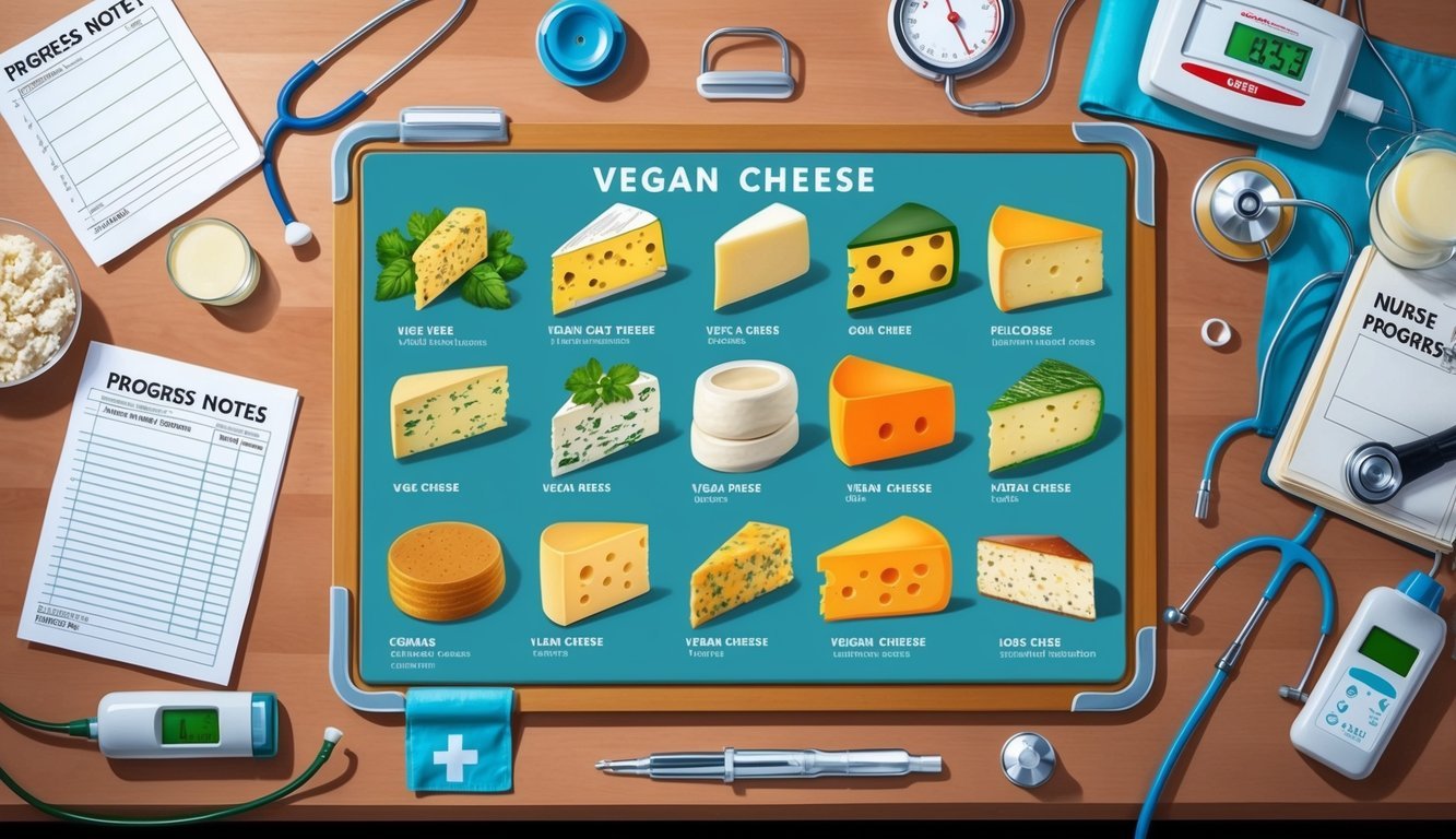 A table with various types of vegan cheese arranged in a chart, surrounded by nurse progress notes and medical equipment