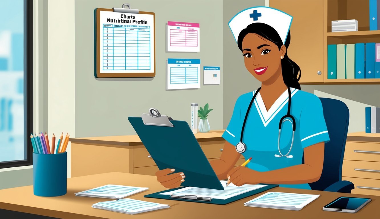 A nurse charts nutritional profile progress notes on a clipboard at a desk in a clinical setting