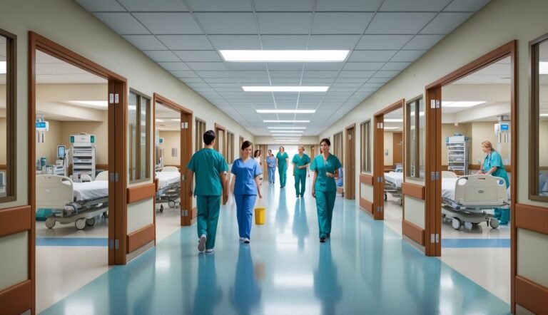 Nurses walking down a hospital hallway with patient rooms on either side