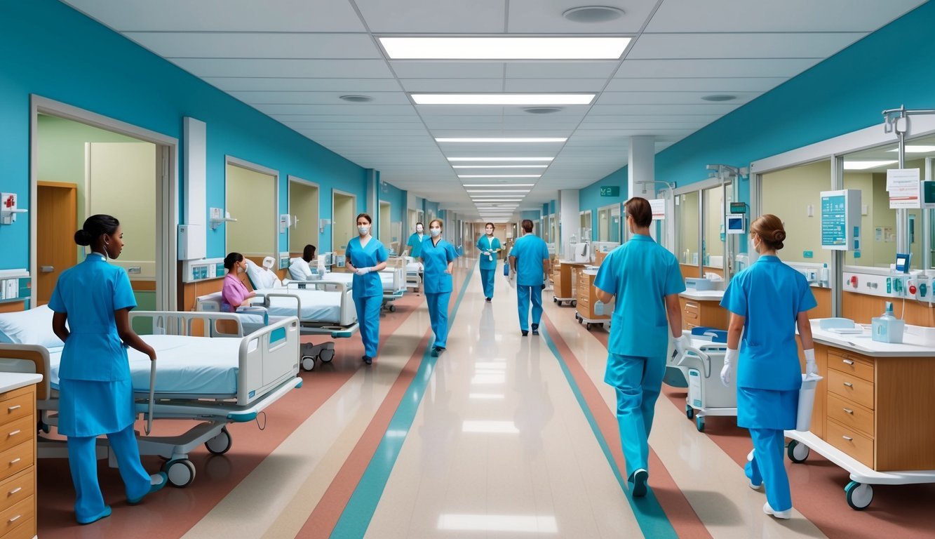 A bustling hospital hallway with nurses and doctors moving between patient rooms and medical stations