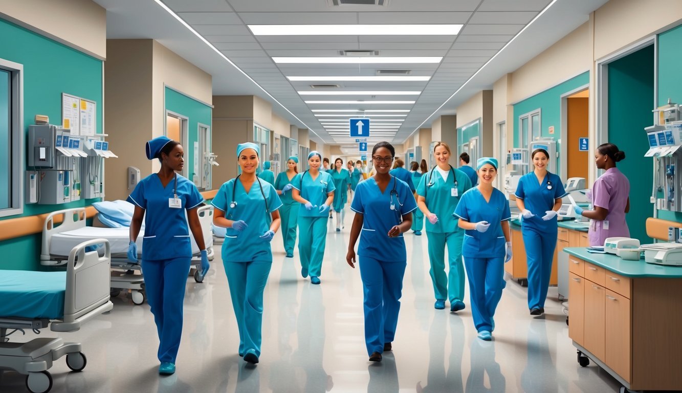 A bustling hospital hallway with nurses and medical staff moving quickly, tending to patients and working at various stations