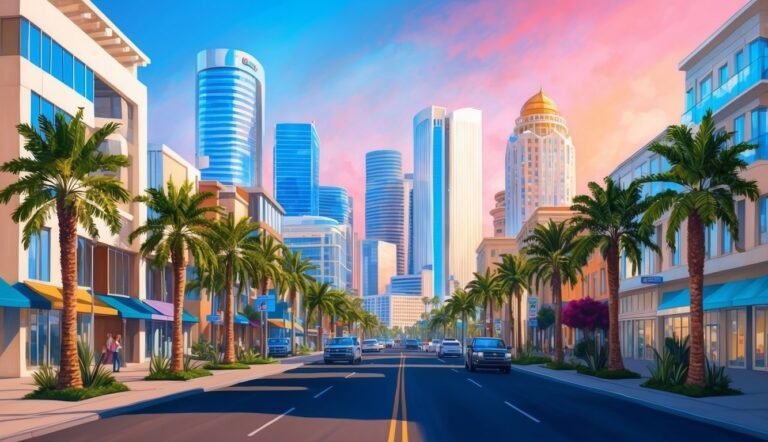 City street with palm trees, skyscrapers, and cars under a colorful sky