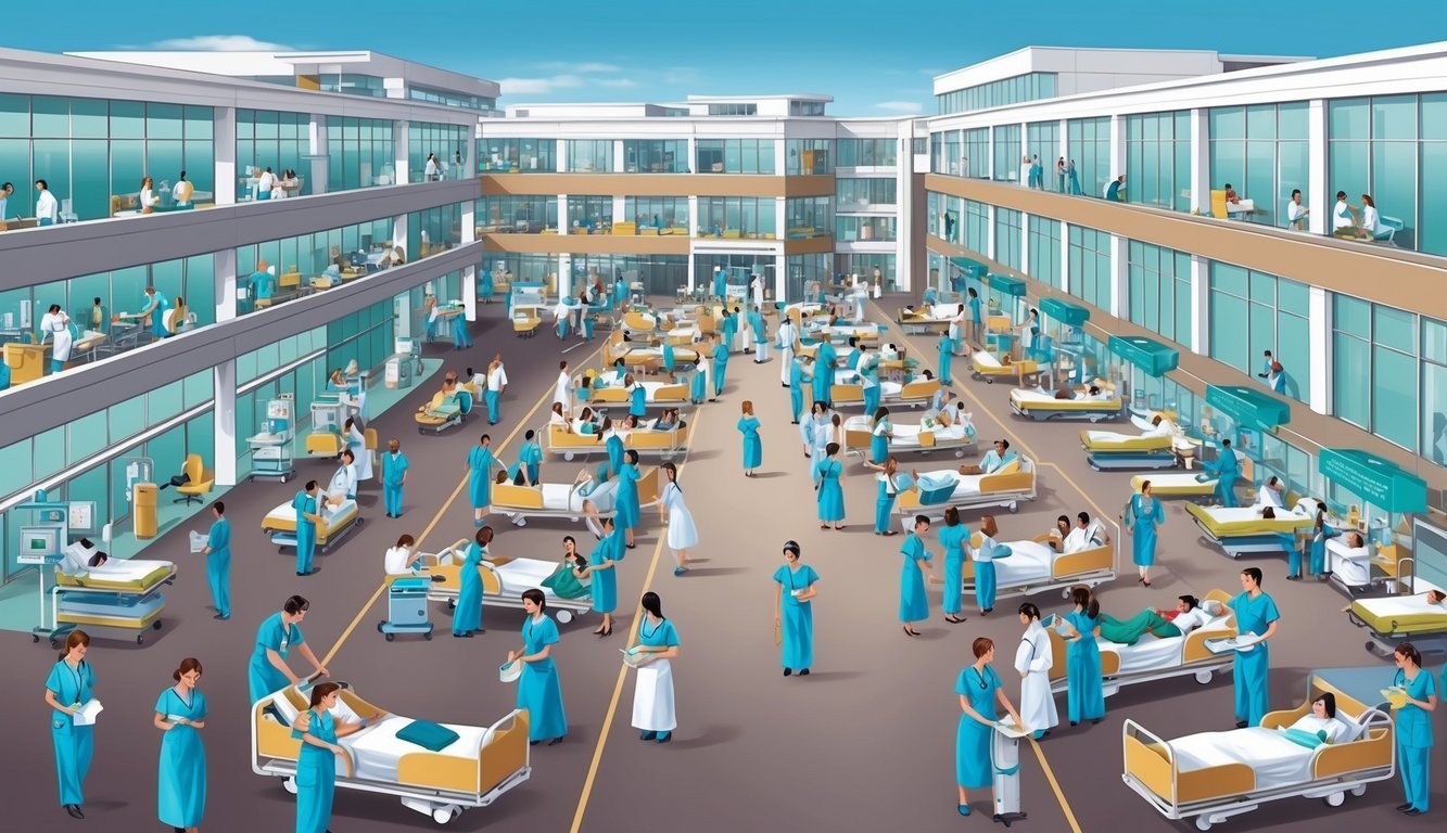 A bustling hospital with multiple wings and departments, filled with nurses and medical professionals attending to patients and working in various medical services
