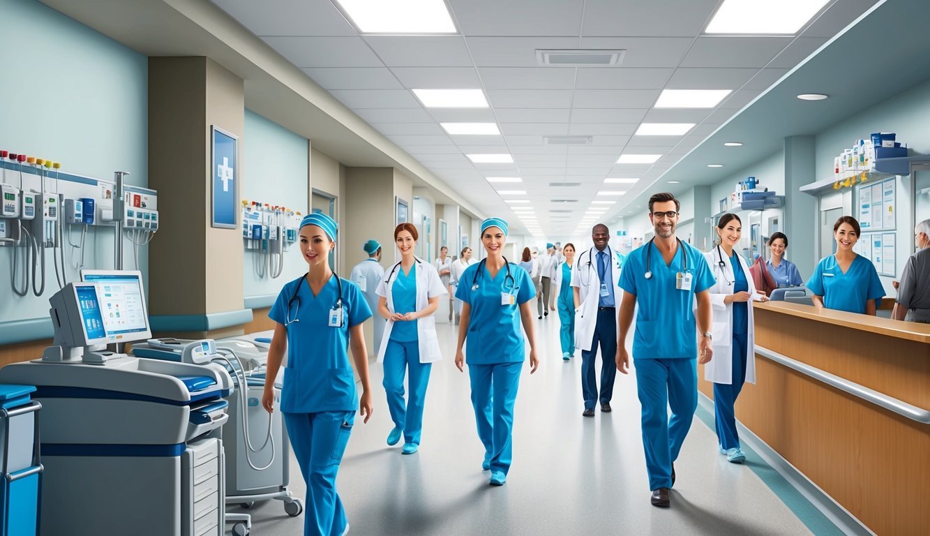 A bustling hospital hallway with nurses and doctors moving about, medical equipment lining the walls, and a busy reception desk with patients waiting