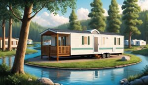 Mobile home on an island in a river, surrounded by trees