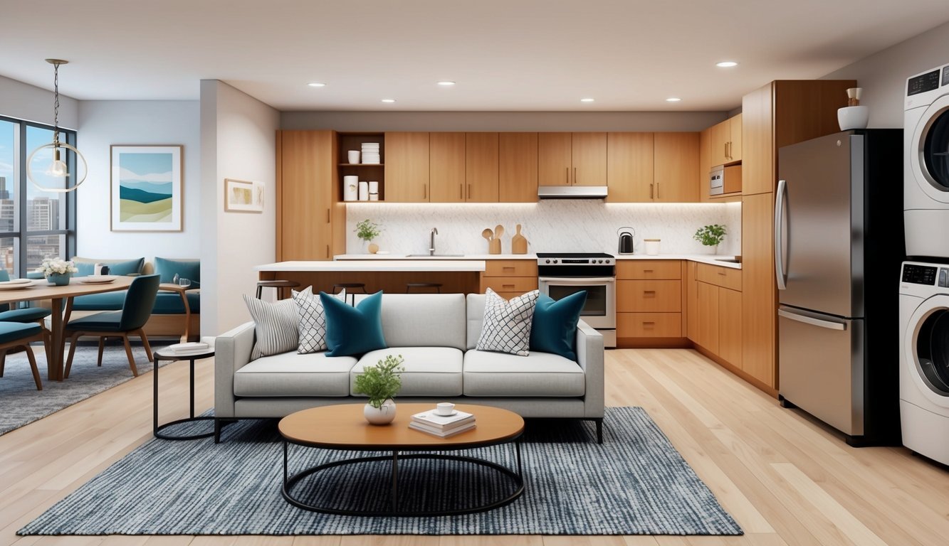 A cozy apartment with modern furnishings, a fully equipped kitchen, a comfortable living area, and access to a fitness center and laundry facilities