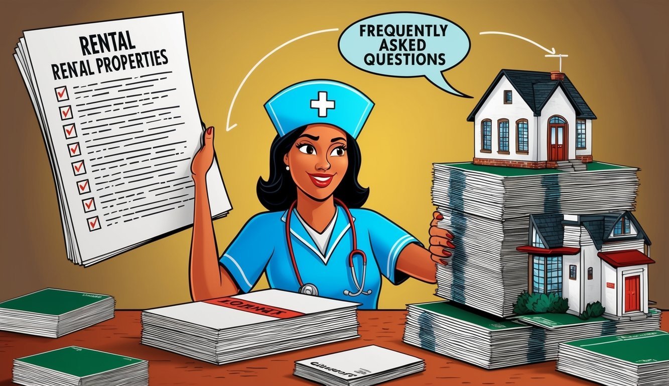 A traveling nurse browsing through a stack of rental properties, while a list of frequently asked questions hovers in the air above her