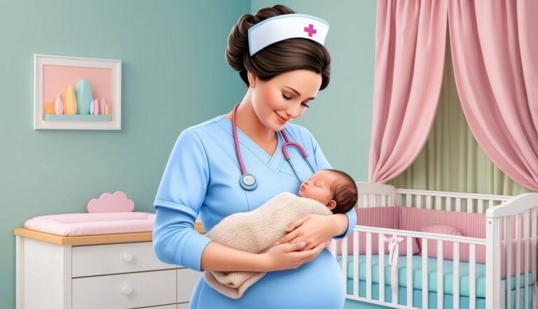 Nurse holding a newborn baby in a nursery, looking down lovingly