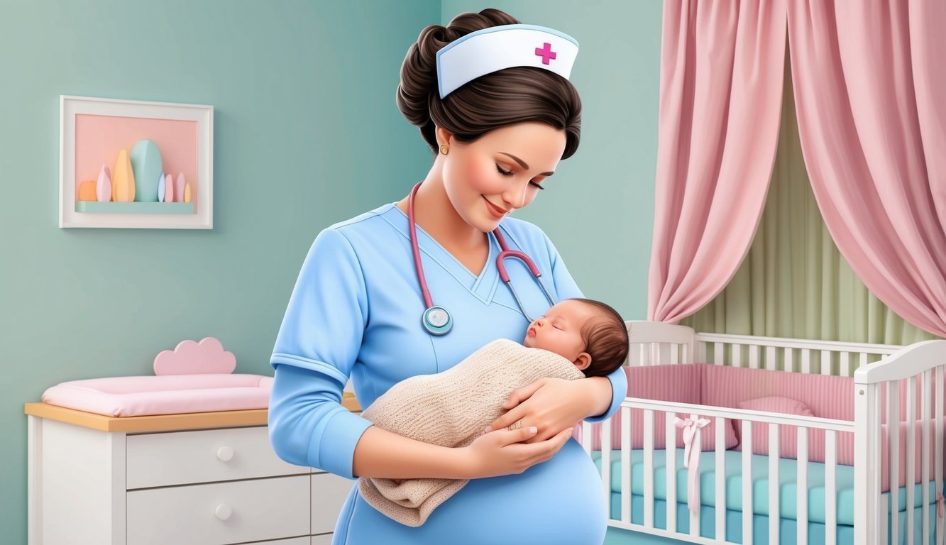 Nurse holding a newborn baby in a nursery, looking down lovingly