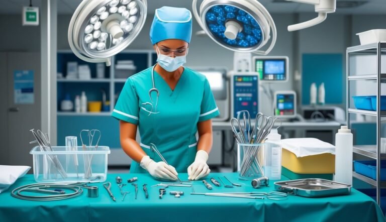 Surgeon in scrubs preparing surgical tools on a table in an operating room