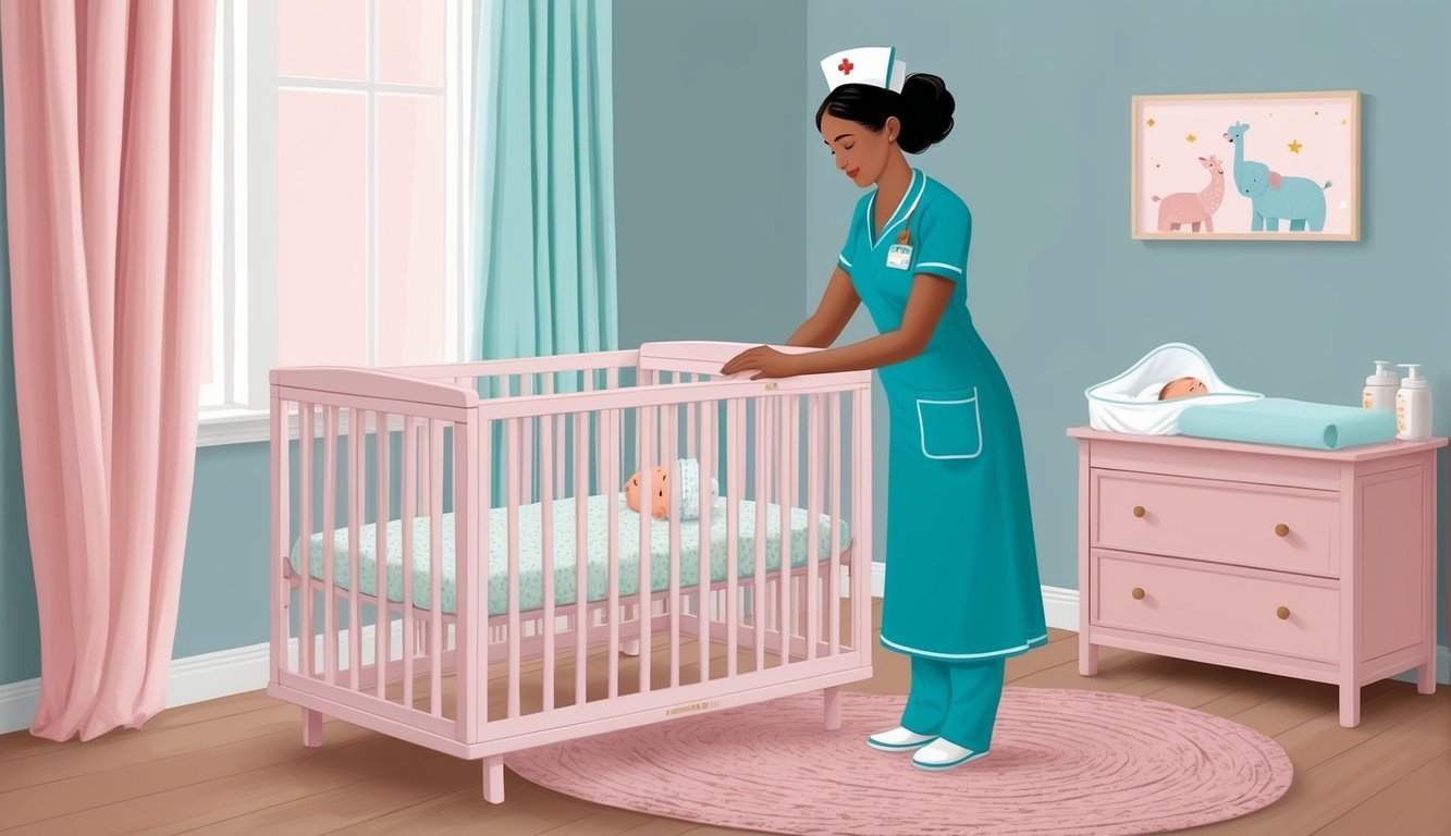 A maternity nurse preparing a baby's crib in a cozy, pastel-colored nursery