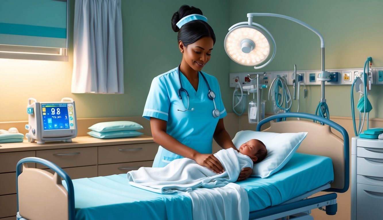 A maternity nurse calmly tending to a newborn in a softly lit hospital room, surrounded by medical equipment and soothing decor