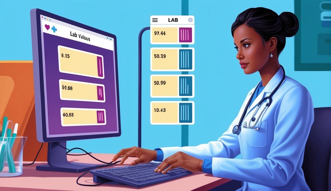 Doctor reviewing lab values on a computer screen, wearing a stethoscope