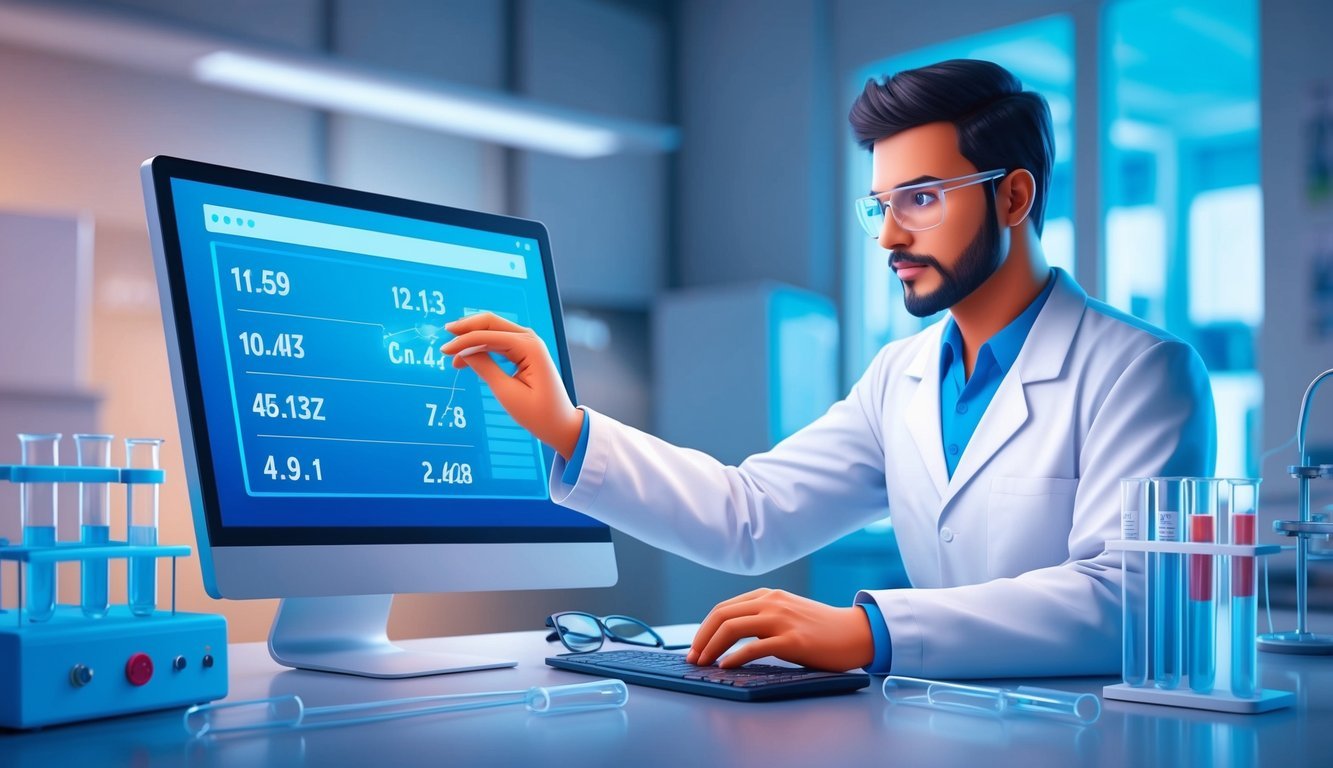 A lab technician carefully analyzes specialized lab values on a computer screen, surrounded by medical equipment and test tubes