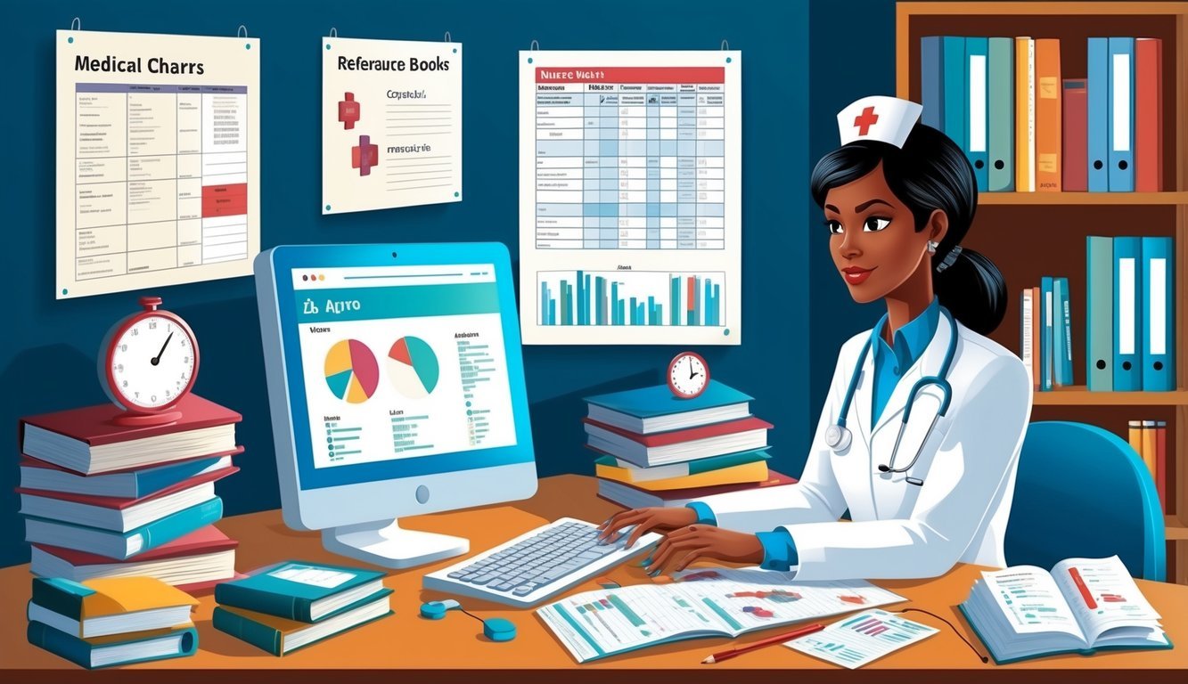 A nurse at a computer, surrounded by medical charts and reference books, checking and comparing lab values