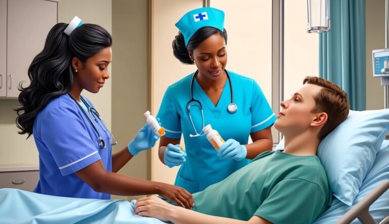 Two nurses give medication to a patient in a hospital bed